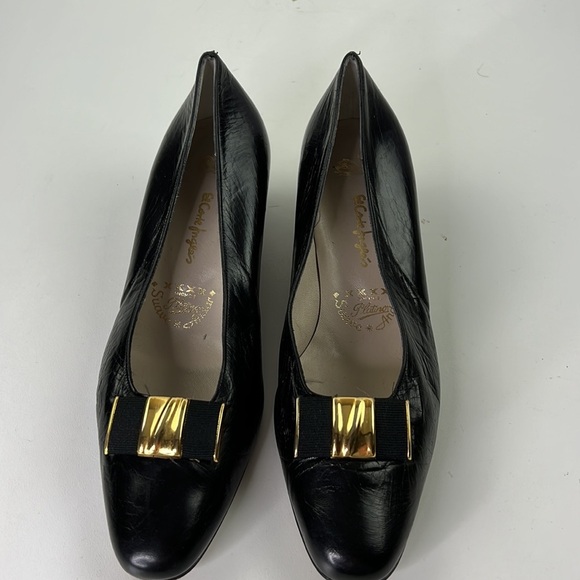 el corte ingles black leather kitten heel shoes with gold bow size 37 - Picture 3 of 11